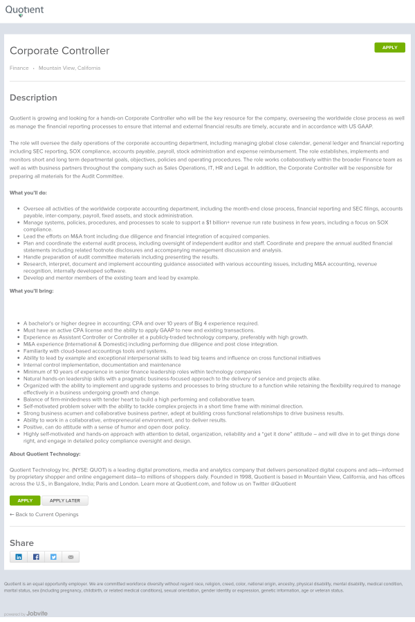 corporate controller job at quotient technology in mountain view ca corporate controller job description