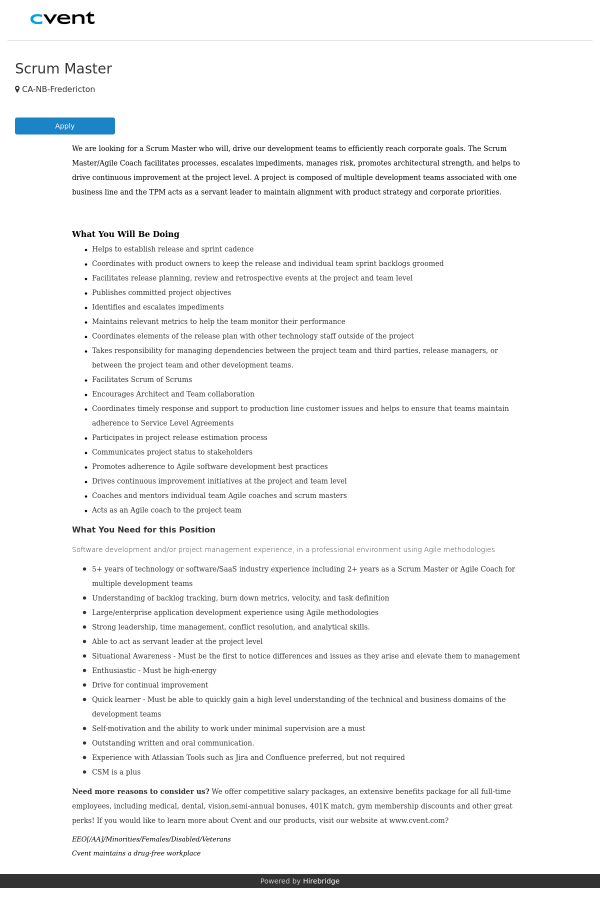 scrum master job at cvent in fredericton canada 13226951