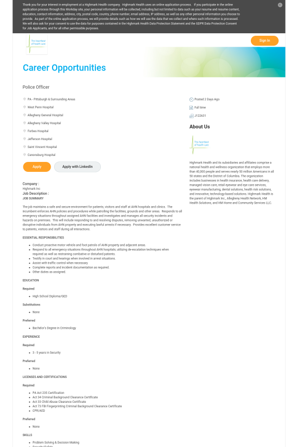 police officer job at highmark health in pittsburgh pa 13237931 jobs with criminology degree