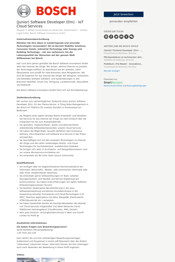 junior software developer f m iot cloud services job at bosch junior software developer job description