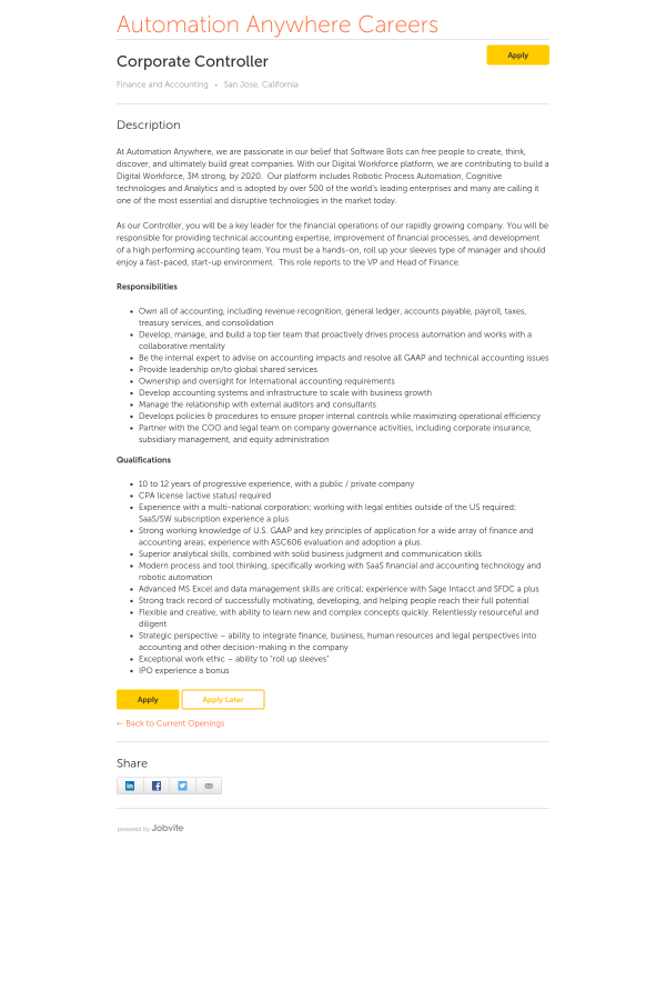 corporate controller job at automation anywhere in san jose ca corporate controller job description