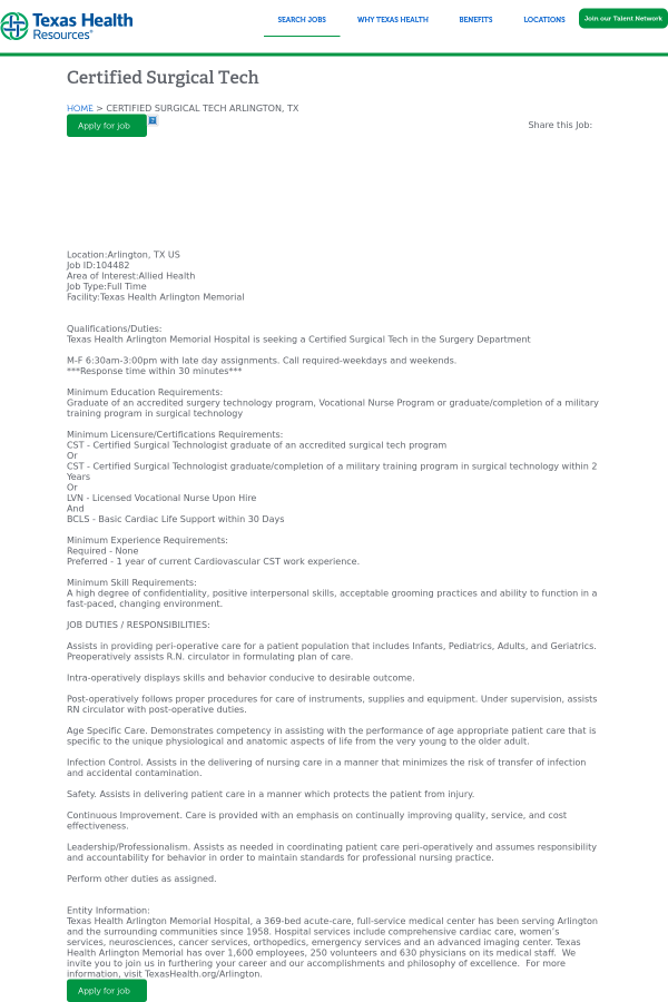 certified surgical tech job at texas health resources in arlington certified surgical technologist job description