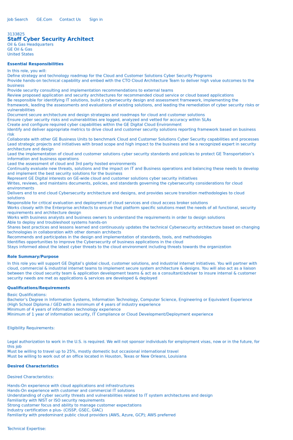 staff cyber security architect job at general electric in new
