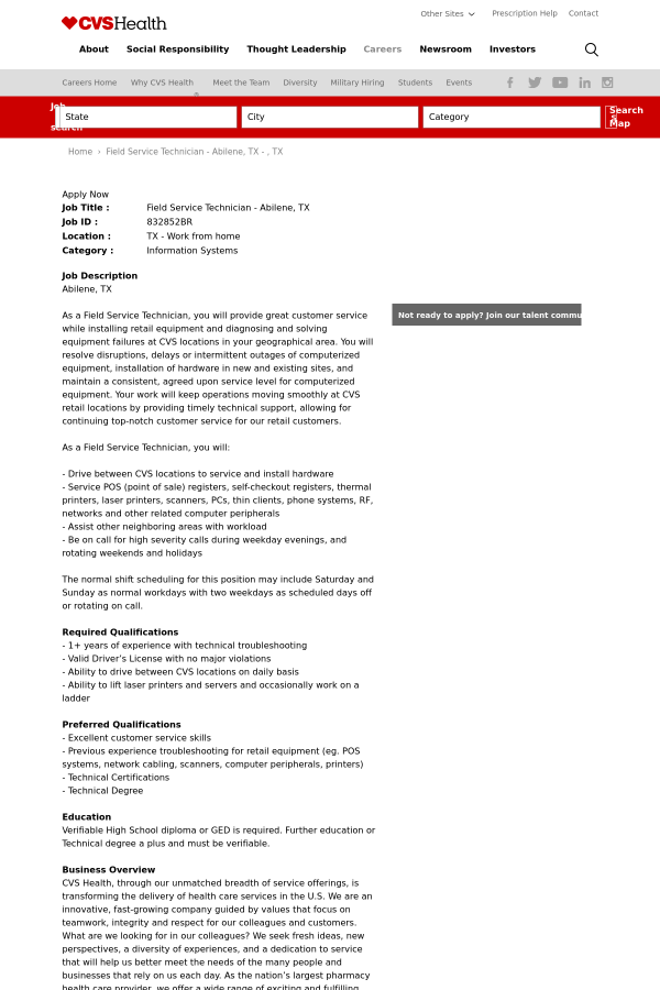field service technician abilene tx job at cvs health in abilene