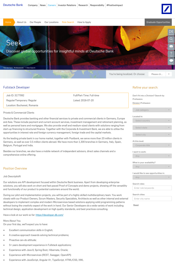 Fullstack Developer Job At Deutsche Bank In Bucharest Romania
