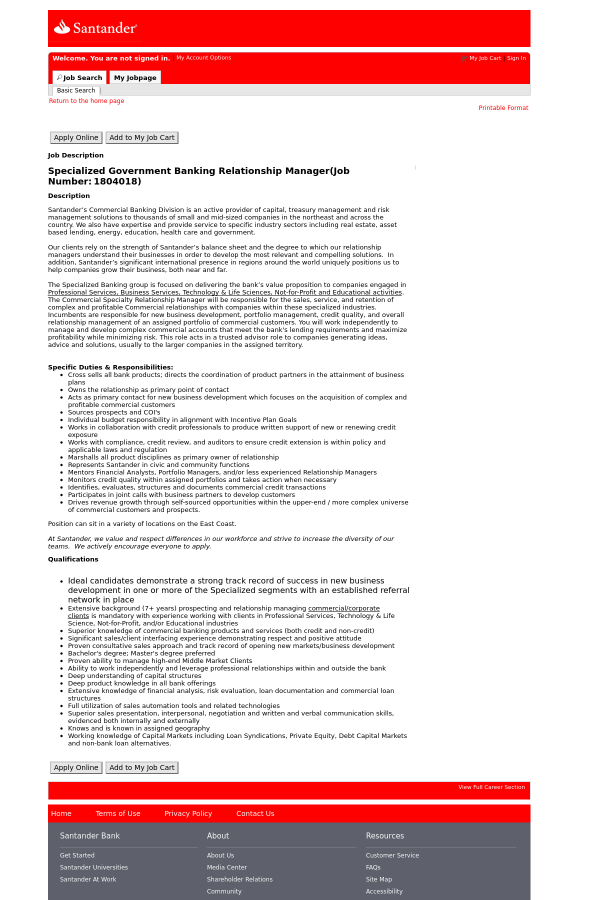specialized government banking relationship manager job at santander santander bank customer service phone number