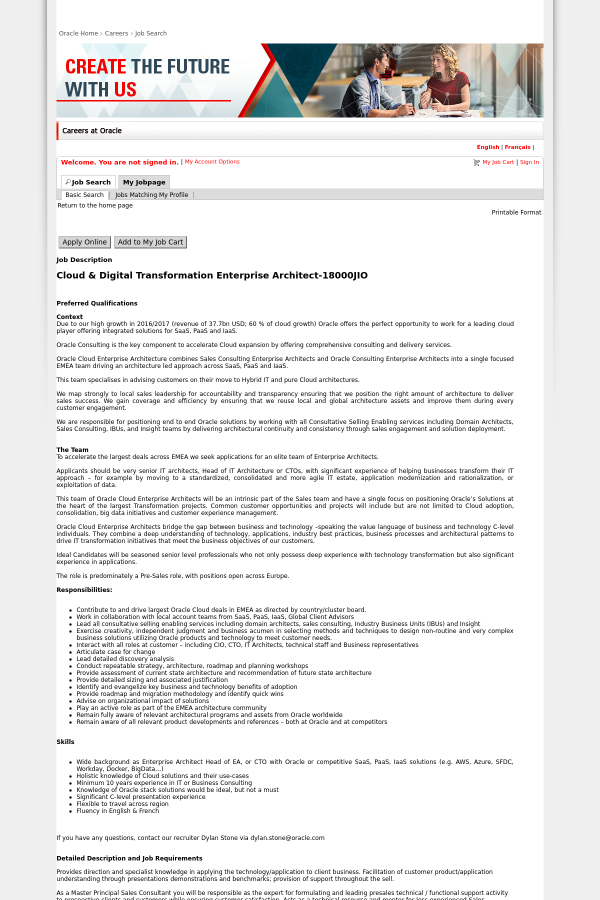 Cloud Digital Transformation Enterprise Architect Job At Oracle In Colombes France 13580543 Tapwage Job Search