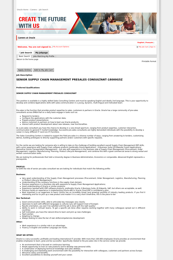 Senior Supply Chain Management Presales Consultant Job At Oracle In Bucharest Romania Tapwage Job Search