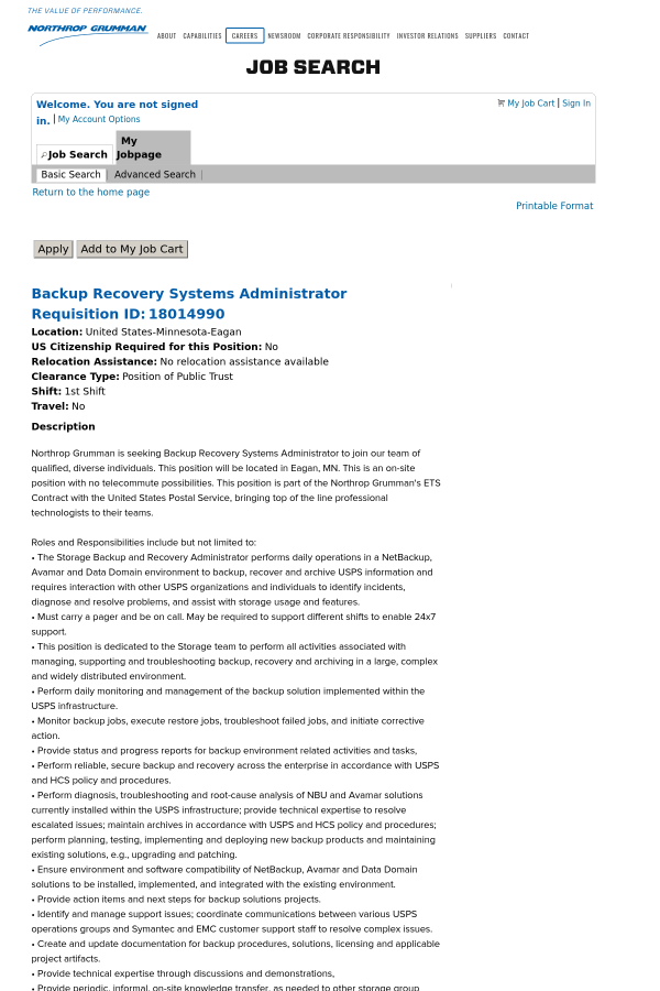 backup recovery systems administrator job at northrop grumman