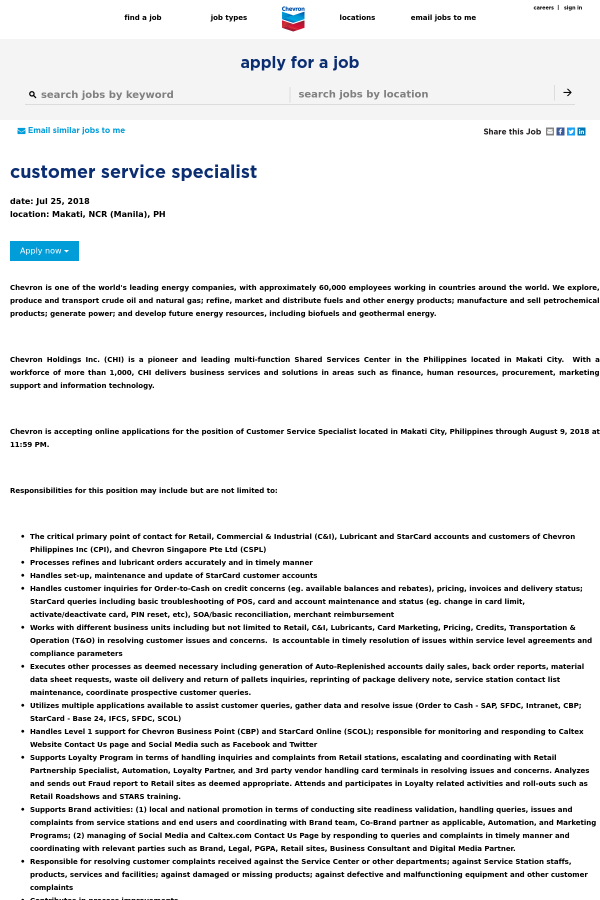 customer service specialist job at chevron in manila philippines chevron customer service