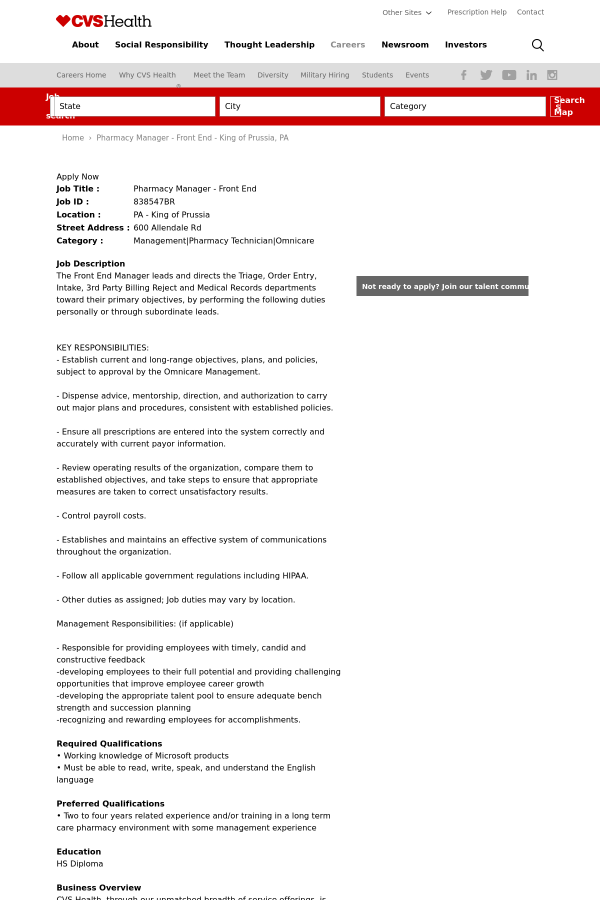 pharmacy manager front end job at cvs health in king of prussia