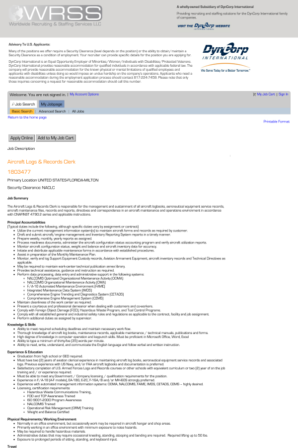 aircraft logs records clerk job at dyn corp international in