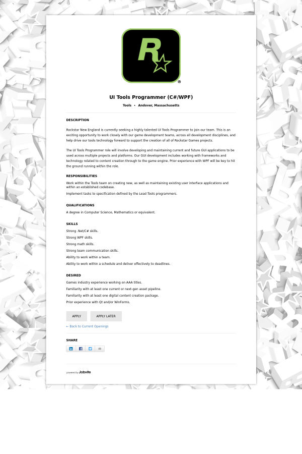 ui tools programmer c wpf job at rockstar games in user interface programmer