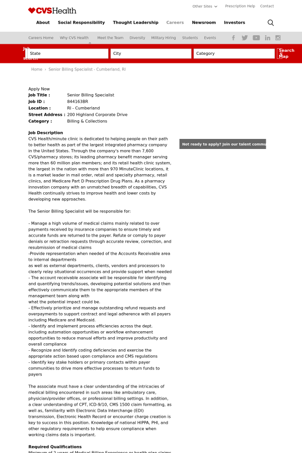 senior billing specialist job at cvs health in cumberland ri