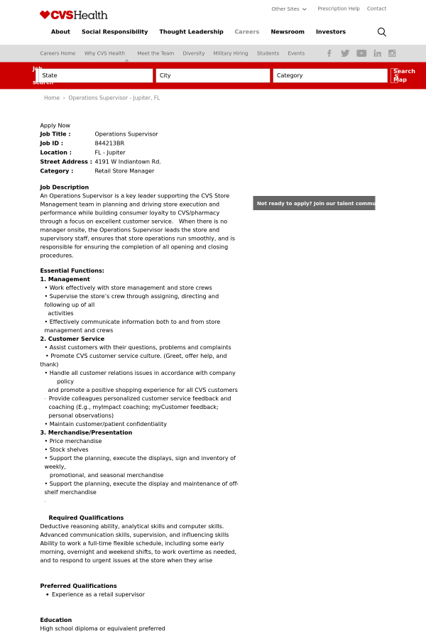 operations supervisor job at cvs health in jupiter fl 13716085