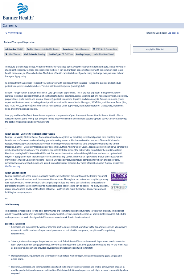 Patient Transport Supervisor Job At Banner Health In Tucson Az