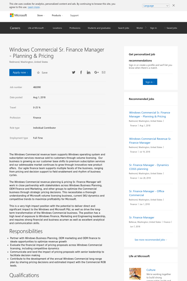 windows commercial senior finance manager planning pricing job finance microsoft