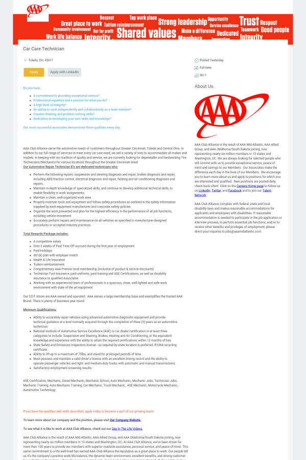 car care technician job at aaa in toledo oh 13750997 tapwage