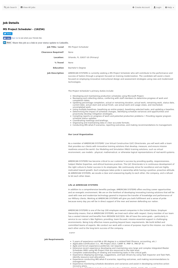 ms project scheduler job at american systems in orlando fl project scheduler job description