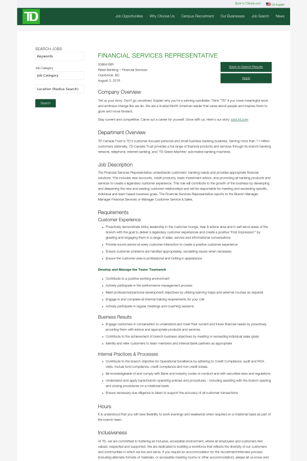 Financial Services Representative Job At Td Bank In Cranbrook