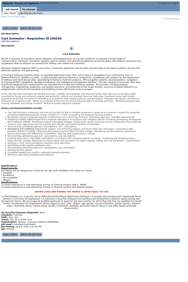 cost estimator job at l3 technologies in batavia oh 13802893 cost estimating jobs