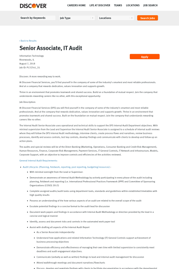 senior associate it audit job at discover financial in riverwoods draft internal audit report company