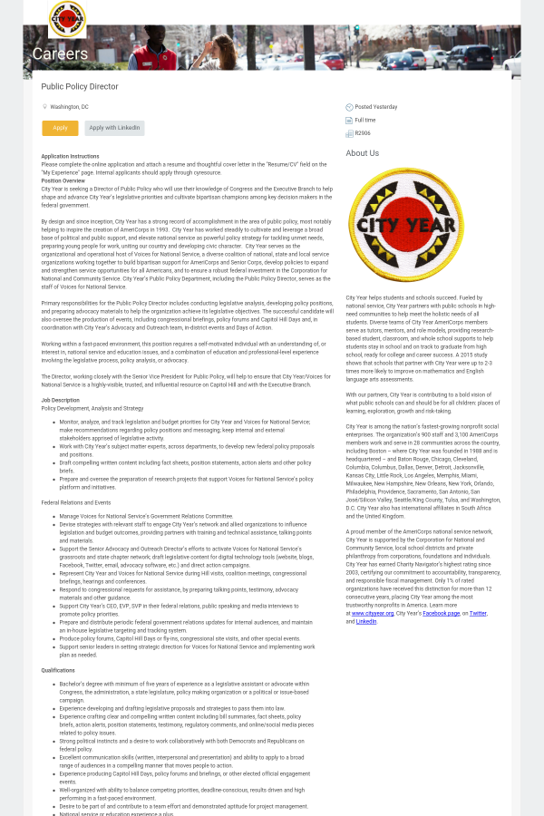 Public Policy Director job at City Year in Washington, DC - 13866417 ... Public Policy Director job at City Year in Washington, DC - 13866417 ...