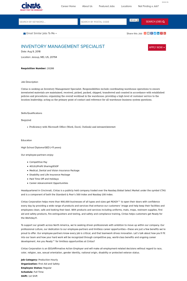 requisition number 20288 job description cintas is seeking an inventory management specialist