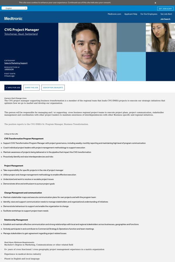cvg project manager job at medtronic in morges switzerland