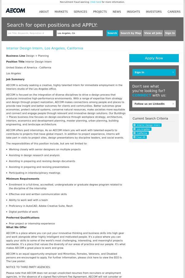 interior design intern job at aecom technology corporation in los