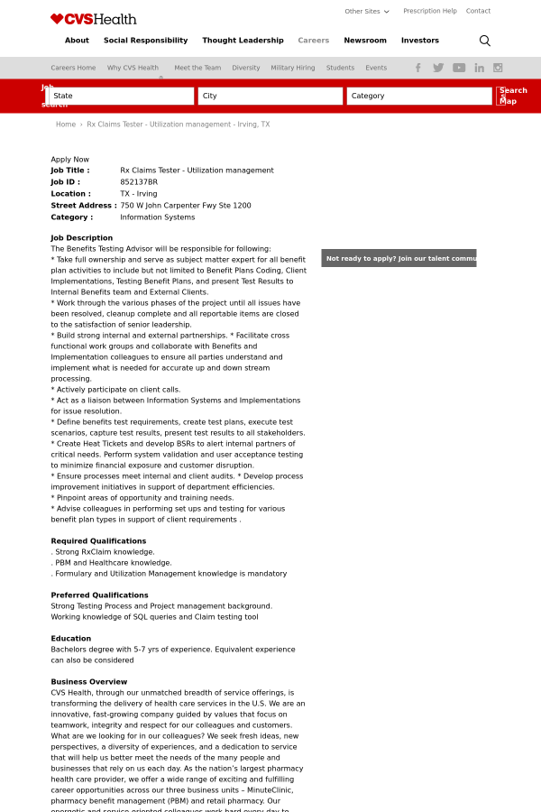 rx claims tester utilization management job at cvs health in