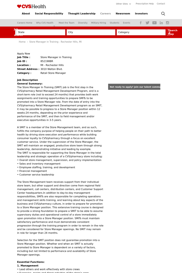 store manager in training job at cvs health in rochester hills mi