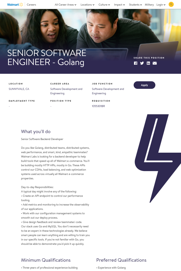 senior software engineer golang job at walmart in sunnyvale ca