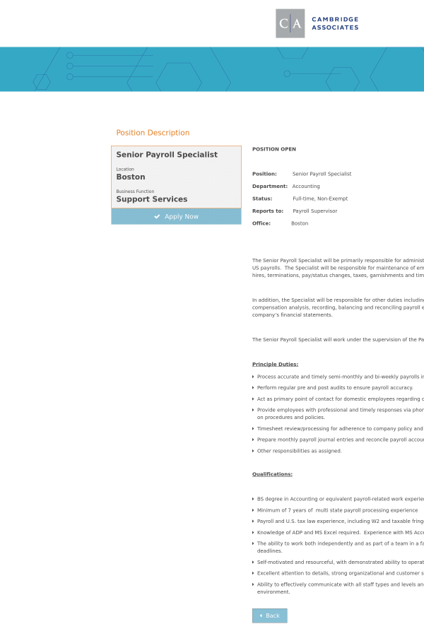 senior payroll specialist job at cambridge associates in boston ma payroll duties