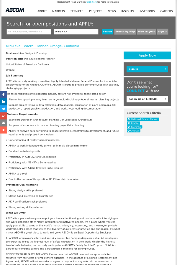 mid level federal planner job at aecom technology corporation in