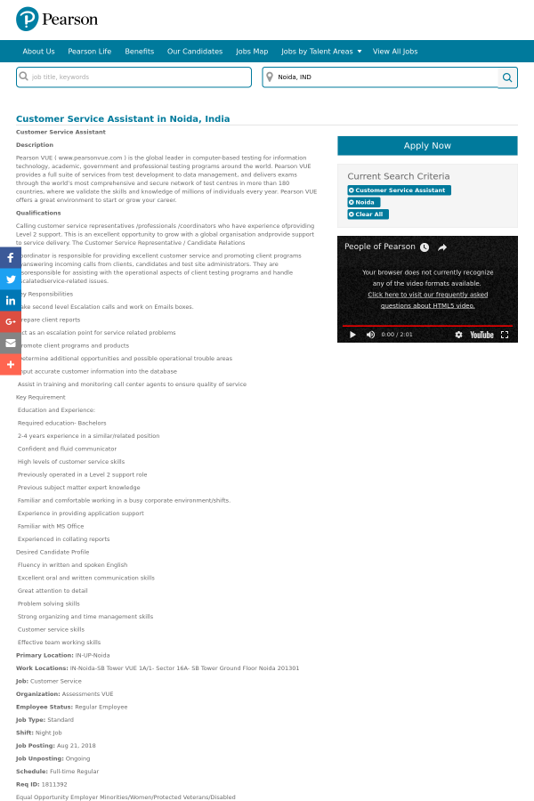 customer service assistant job at pearson in noida india 14026656 customer service skills test