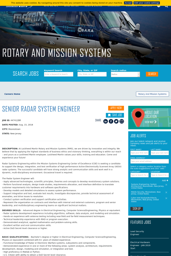 Senior Radar System Engineer job at Lockheed Martin in Moorestown