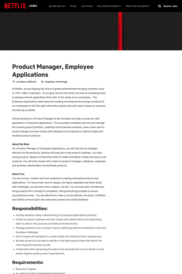 product manager employee applications job at netflix in los gatos