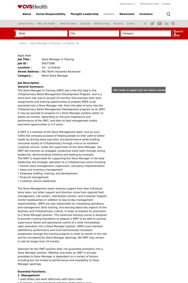 store manager in training job at cvs health in la puente ca
