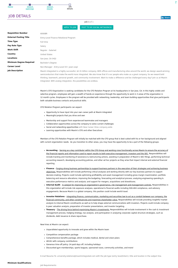 entry level finance rotational program job at maxim integrated in entry level jobs in finance