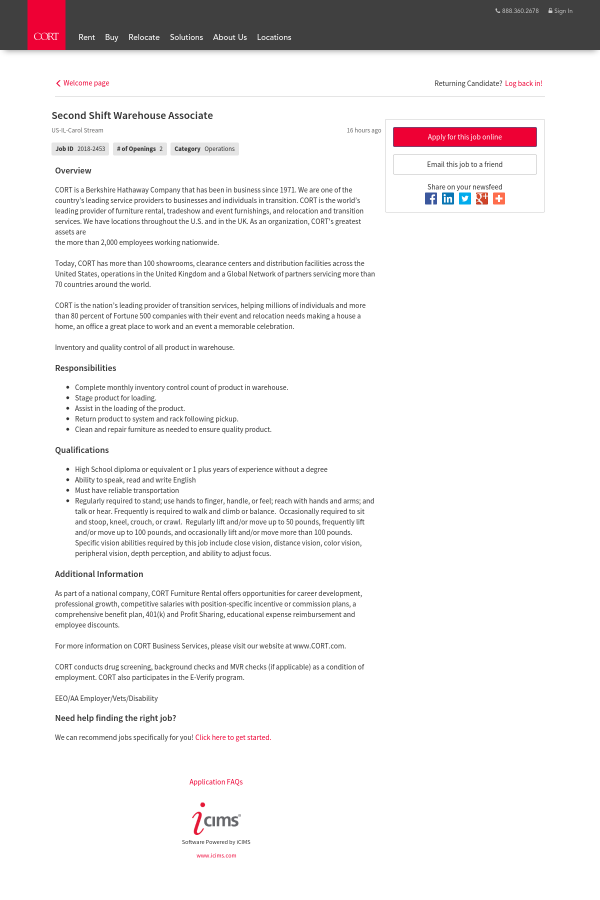 Second Shift Warehouse Associate Job At Cort In Carol Stream Il