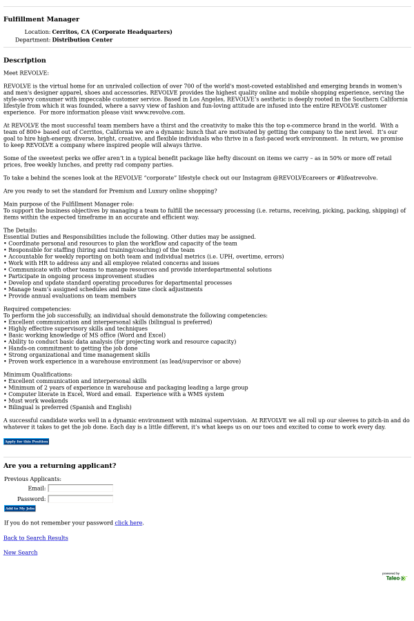 fulfillment manager job at revolve in cerritos ca 14327322