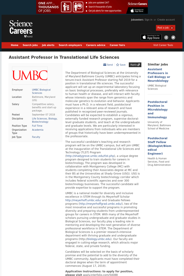 assistant professor in translational life sciences job at umbc umbc application deadline