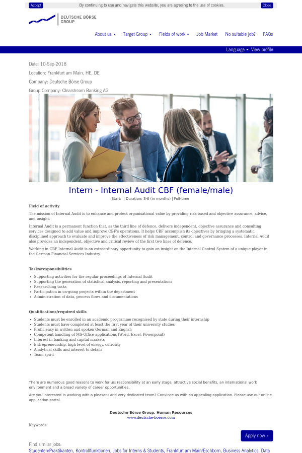 Intern Internal Audit Cbf Female Male Job At Deutsche Borse Group In Frankfurt Am Main Germany Tapwage Job Search