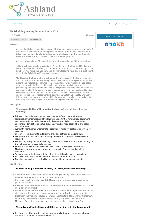 Electrical Engineering Summer Intern 2019 Ashland Inc Electrical Engineering Summer Intern 2019 Ashland Inc