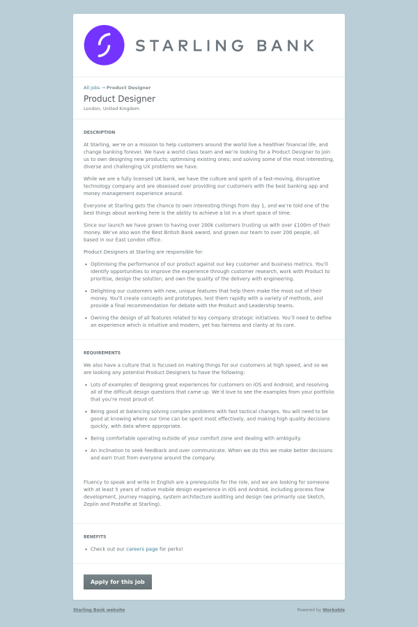 product designer job at starling bank in london united kingdom most interesting jobs