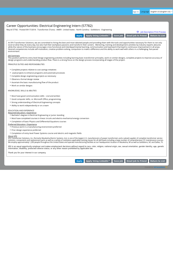 electrical engineering intern job at spx corporation in goldsboro entry level microsoft jobs