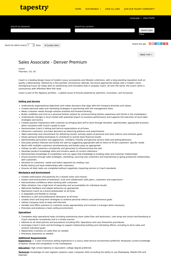 Sales Associate Denver Premium Job At Tapestry In Thornton Co