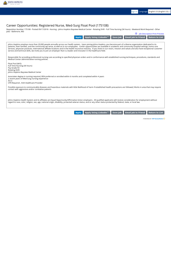 registered nurse med surg float pool job at johns hopkins bayview float pool nurse