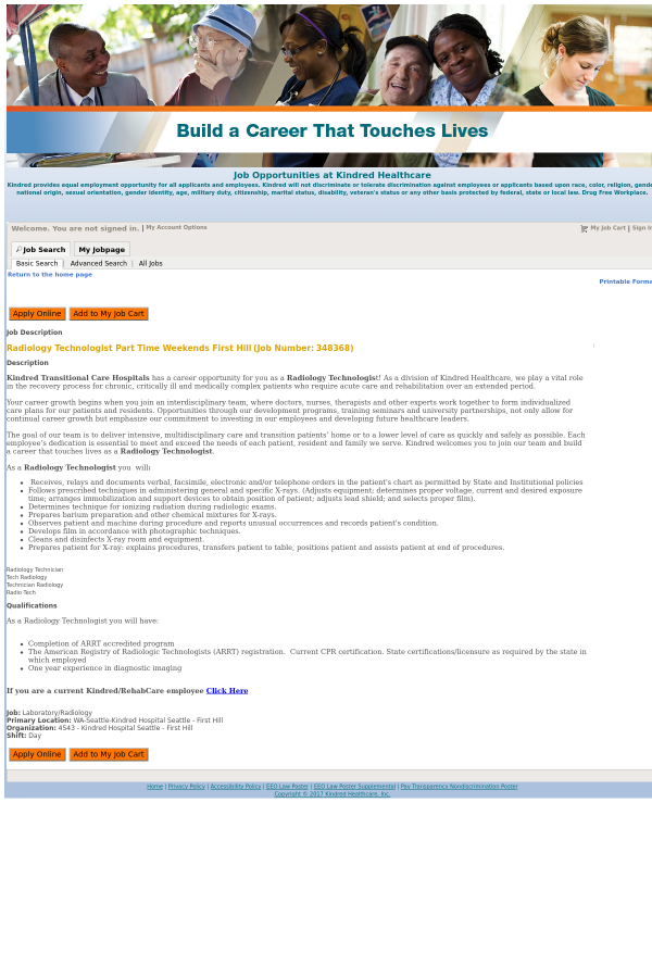 radiology technologist weekends first hill job at kindred healthcare job description for radiologic technologist